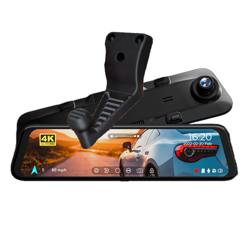 Car dashboard camera with a screen displaying a car and time on a white background