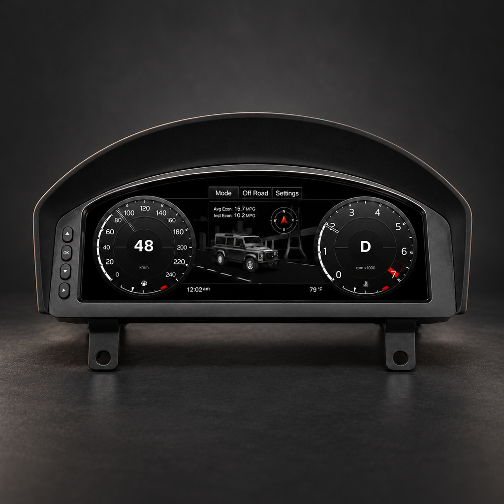 Defender Puma 12.3-inch digital instrument cluster on a charcoal studio background