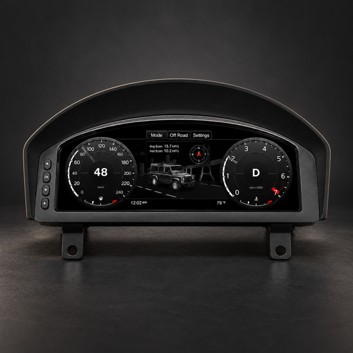 Defender Puma 12.3-inch digital instrument cluster on a charcoal studio background