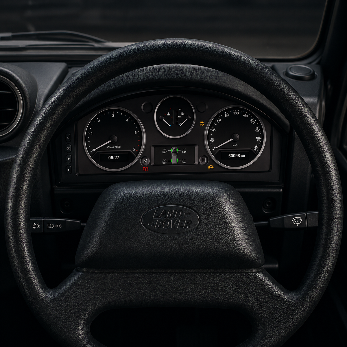 Defender Puma digital cluster showing classic instrument layout
